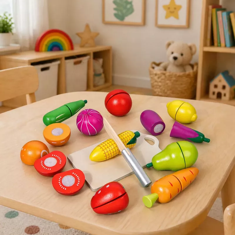 LEAN TOYS Set de tabla de cortar frutas y verduras de madera cuchillo de seguridad cubo 13 piezas