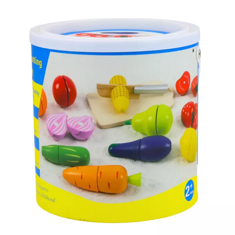 LEAN TOYS Set de tabla de cortar frutas y verduras de madera cuchillo de seguridad cubo 13 piezas