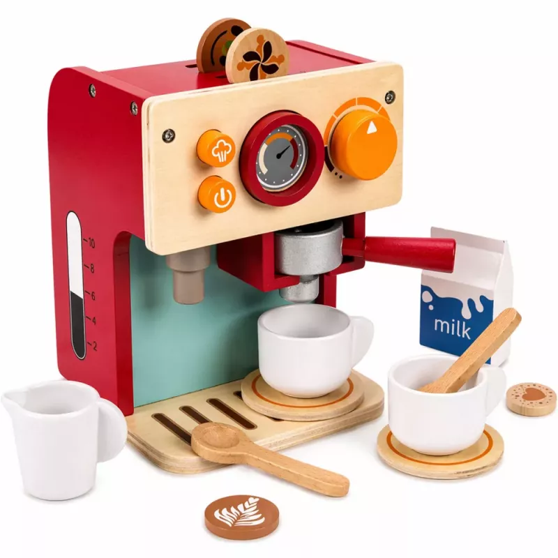 LEAN TOYS Set de cafetera de madera pequeña barista tazas accesorios
