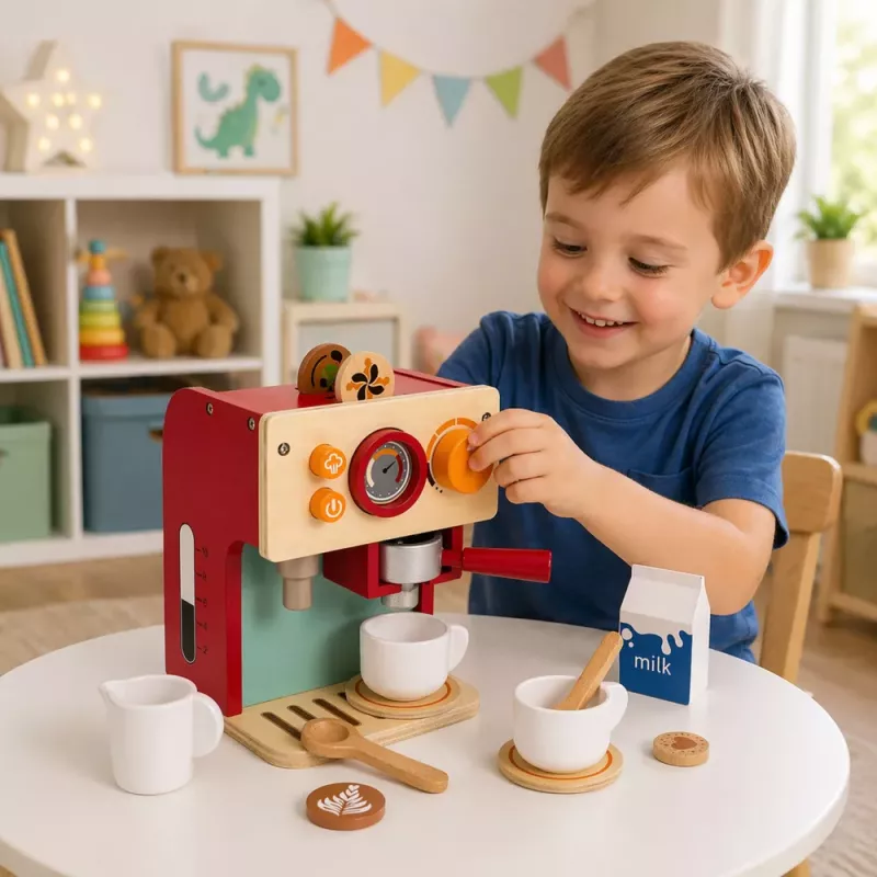 LEAN TOYS Set de cafetera de madera pequeña barista tazas accesorios