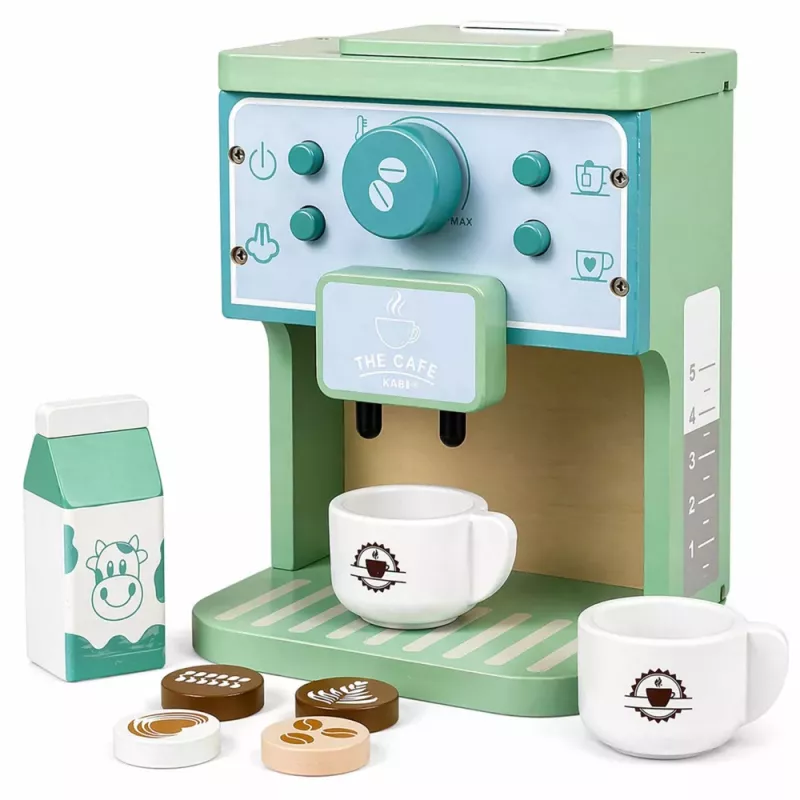 LEAN TOYS Set de cafetera de madera con tazas, leche y accesorios para niños