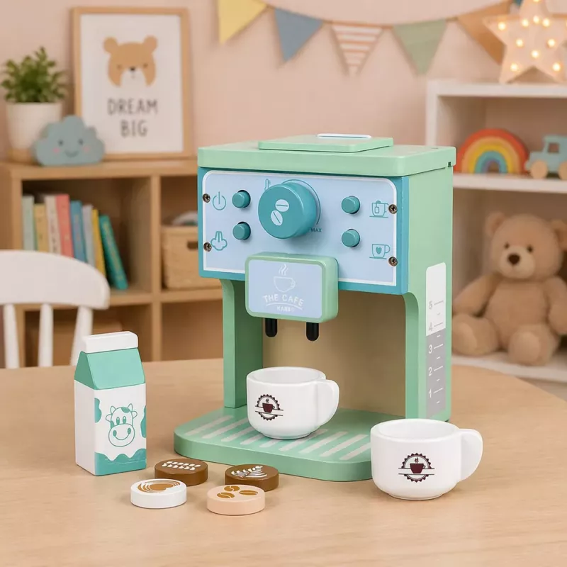 LEAN TOYS Set de cafetera de madera con tazas, leche y accesorios para niños