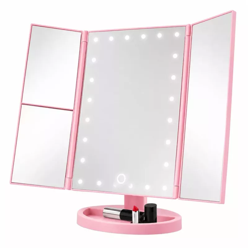 Espejo de maquillaje LED LEAN plegable con aumento giro táctil rosa
