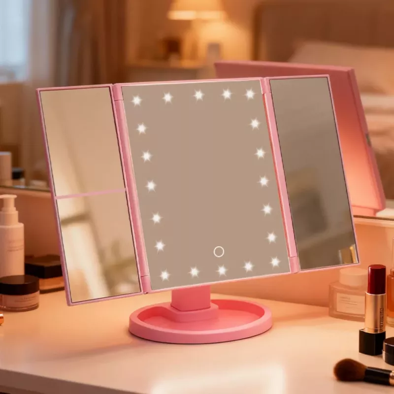 Espejo de maquillaje LED LEAN plegable con aumento giro táctil rosa