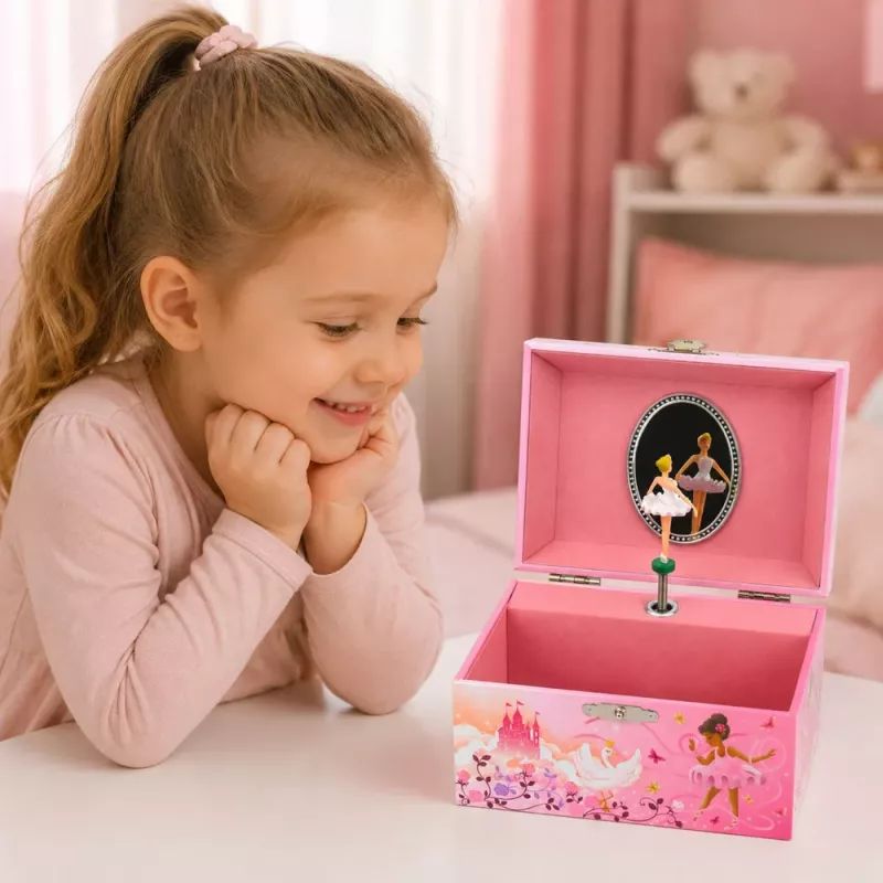 Caja de música de cuerda LEAN TOYS joyero para niños con espejo rosa
