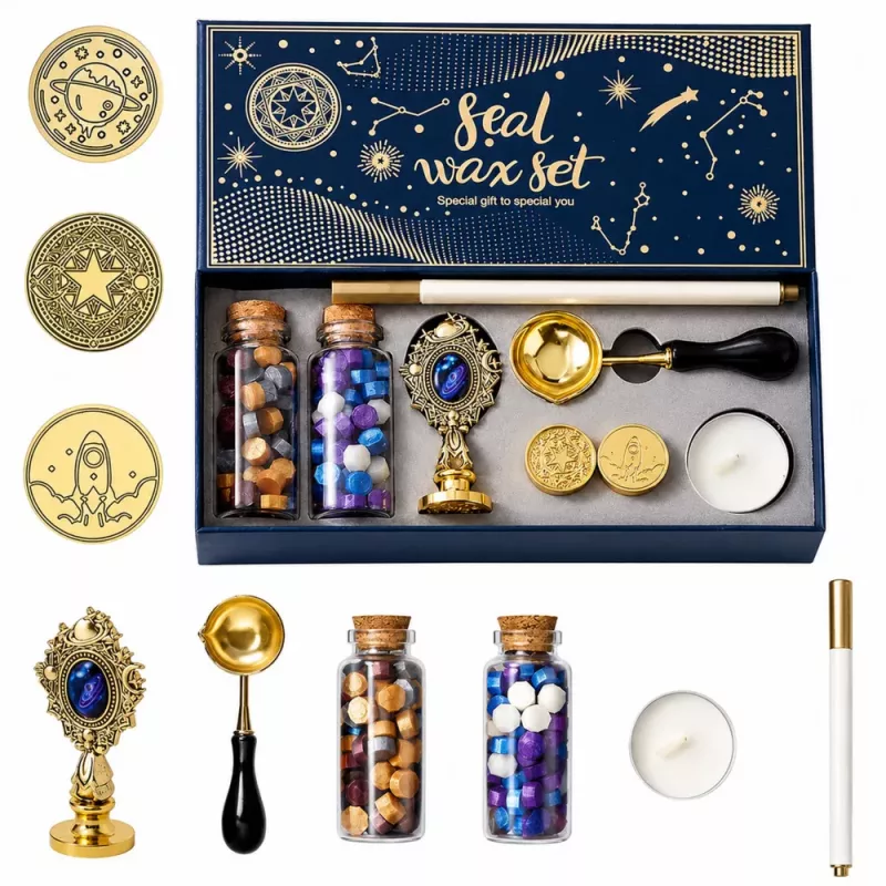Set de sellos de cera LEAN TOYS sello de cera para decorar - set de 6 piezas con sello de latón, cuchara de fundir, barras de cera y velita