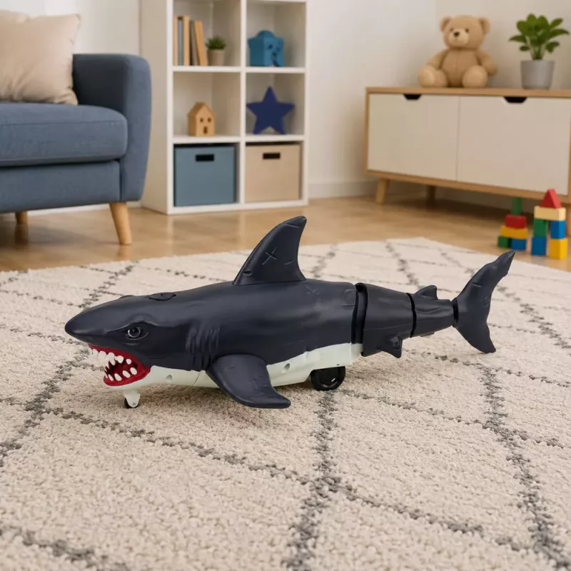 Tiburón RC LEAN TOYS con mando a distancia, mueve la cola, luces, efecto humo, negro