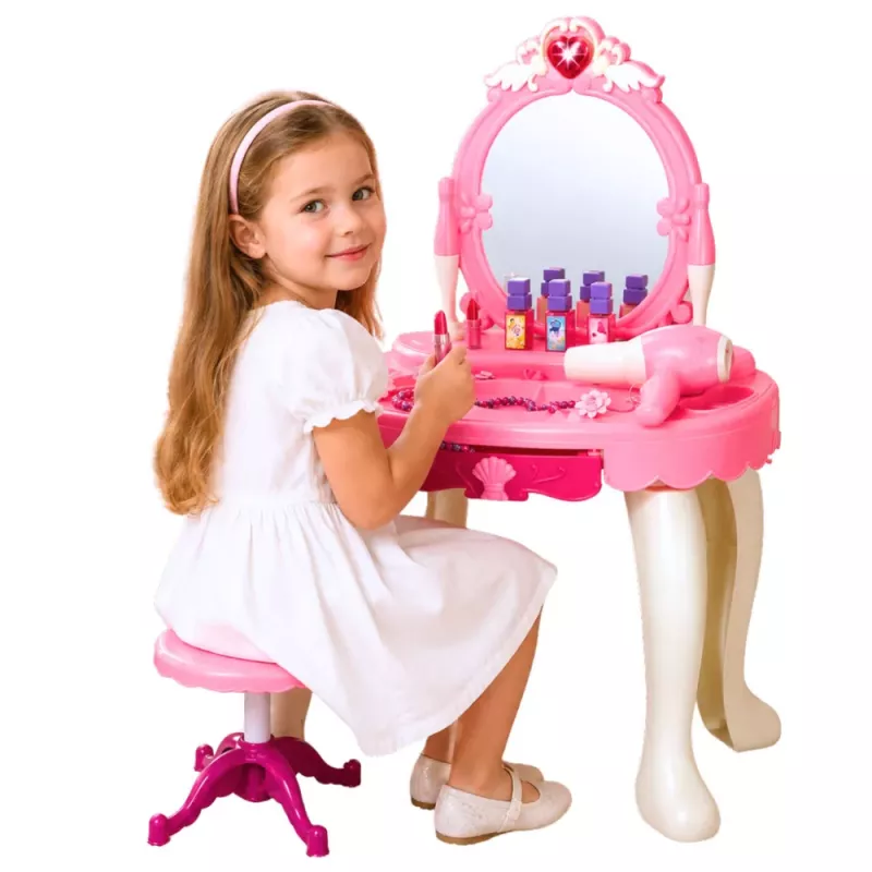 Tocador de maquillaje infantil LEAN TOYS con silla, luces, secador, accesorios, sonidos, rosa