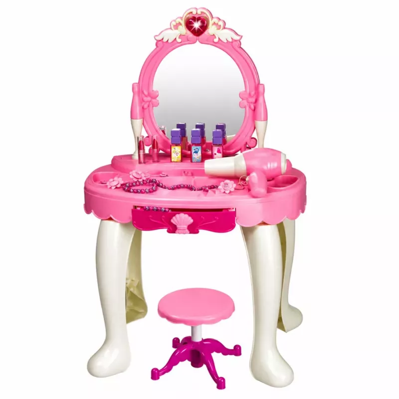 Tocador de maquillaje infantil LEAN TOYS con silla, luces, secador, accesorios, sonidos, rosa