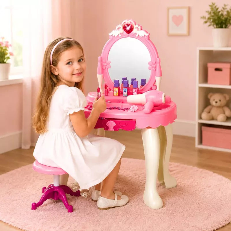 Tocador de maquillaje infantil LEAN TOYS con silla, luces, secador, accesorios, sonidos, rosa