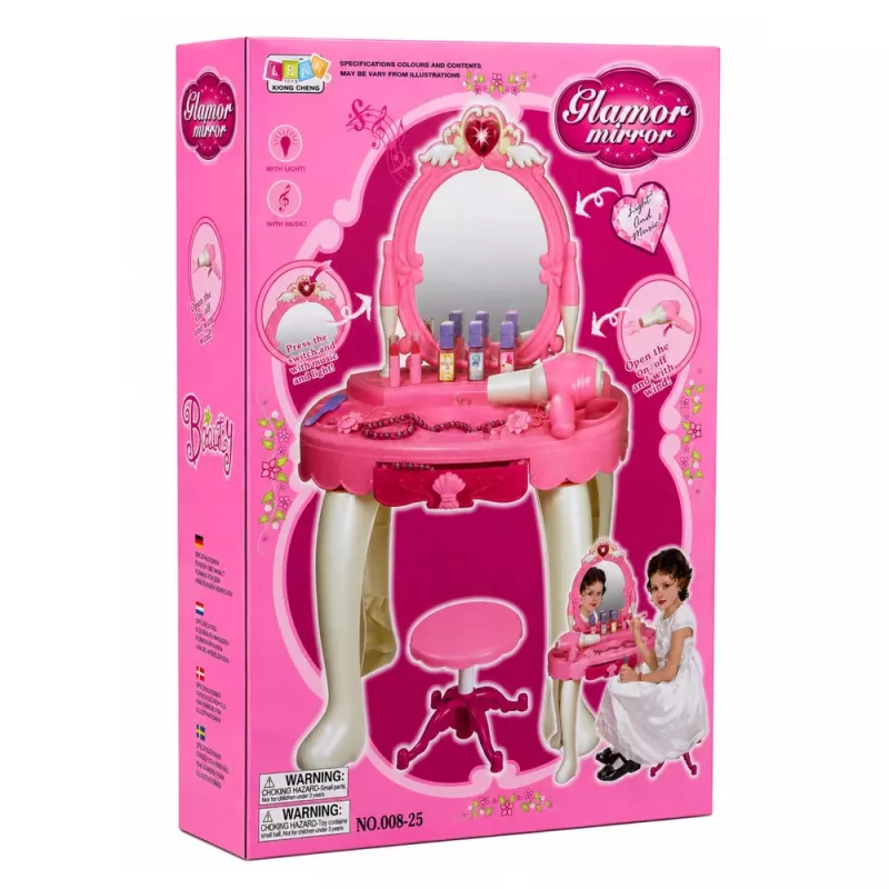 Tocador de maquillaje infantil LEAN TOYS con silla, luces, secador, accesorios, sonidos, rosa