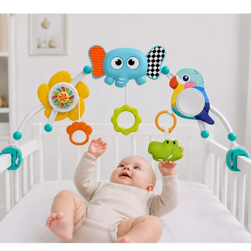LEAN TOYS Arco sensorial con elefante para cuna, silla de coche, carrito, espejo, sonajero
