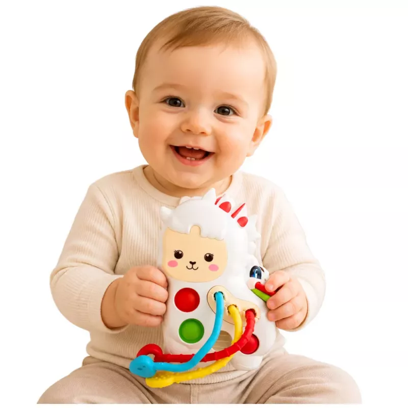 LEAN TOYS Juguete sensorial para niños pequeños llama con cordones y cuentas pop-it