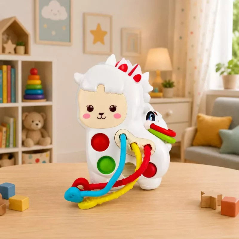 LEAN TOYS Juguete sensorial para niños pequeños llama con cordones y cuentas pop-it