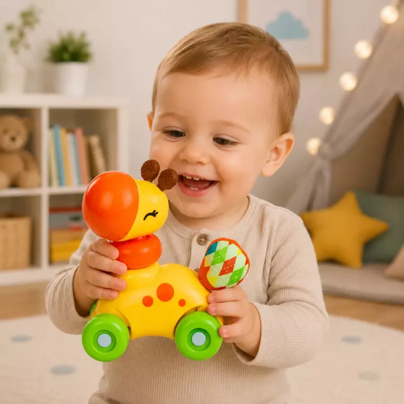 LEAN TOYS Juguete interactivo sensorial de coche jirafa para niños pequeños amarillo