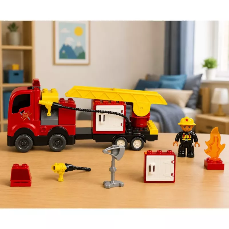 LEAN TOYS Camión de bomberos motorizado figura de bombero set de bloques de construcción