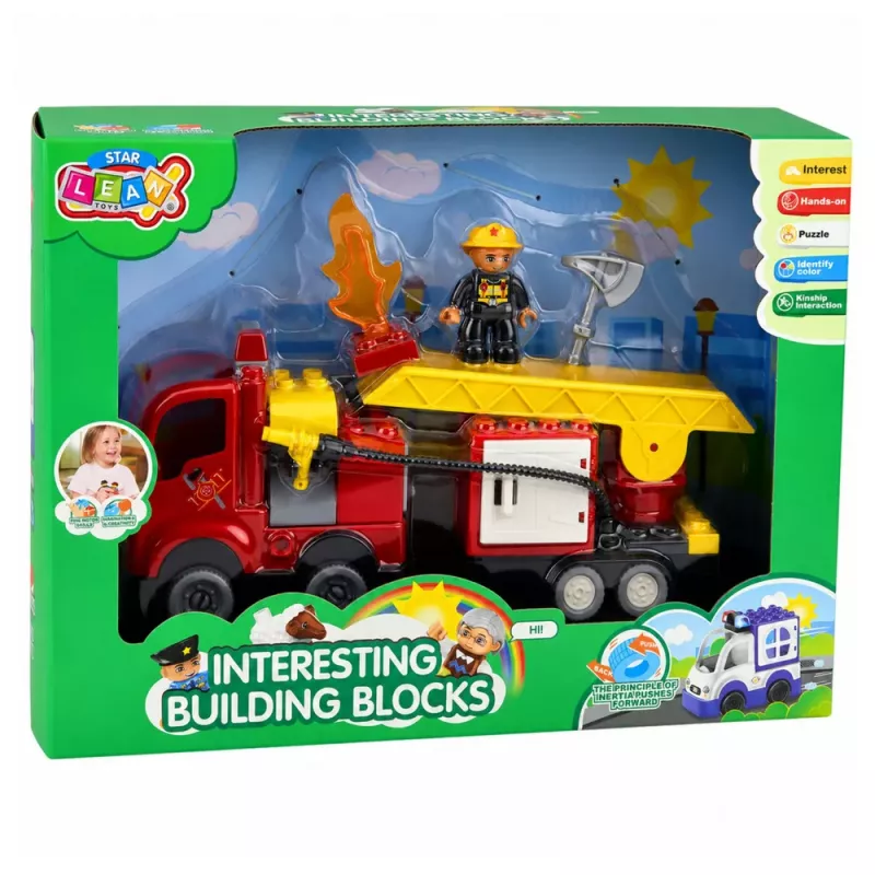 LEAN TOYS Camión de bomberos motorizado figura de bombero set de bloques de construcción