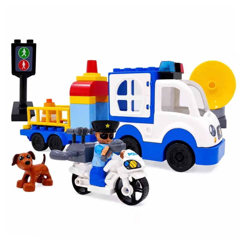 LEAN TOYS Set coche de policía City con bloques de construcción motorizados, figuras y accesorios
