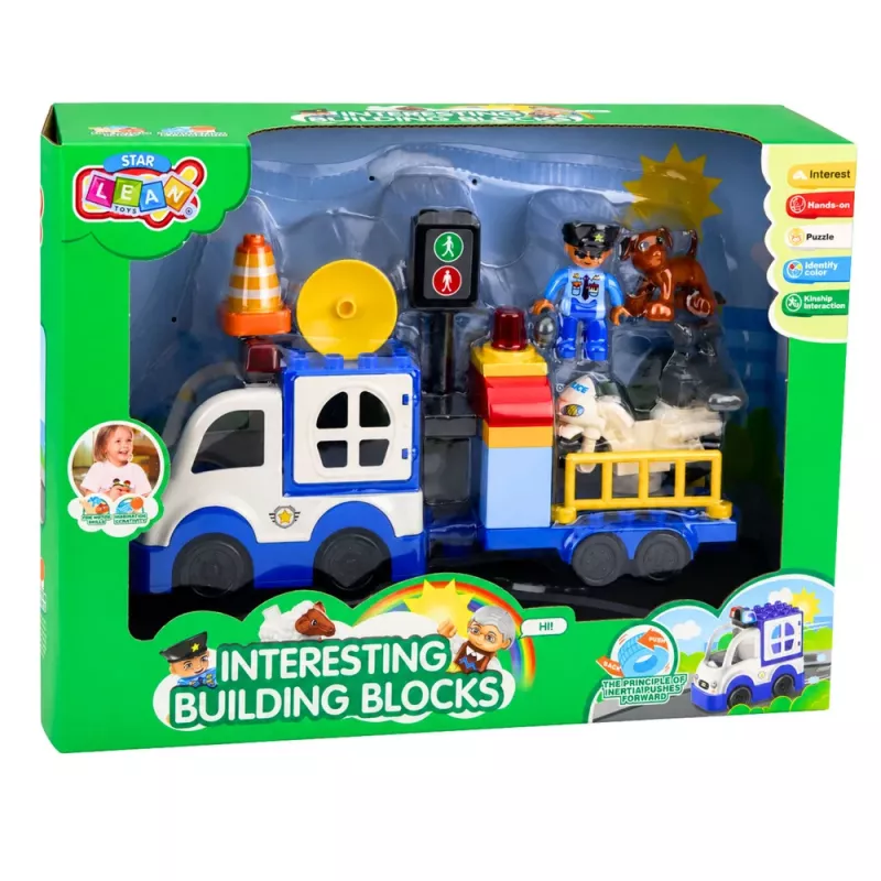 LEAN TOYS Set coche de policía City con bloques de construcción motorizados, figuras y accesorios