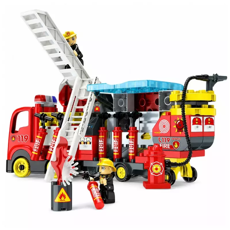 LEAN TOYS Camión de bomberos plegable set de bloques de construcción con figuras de bombero, luz y sonido, 94 piezas