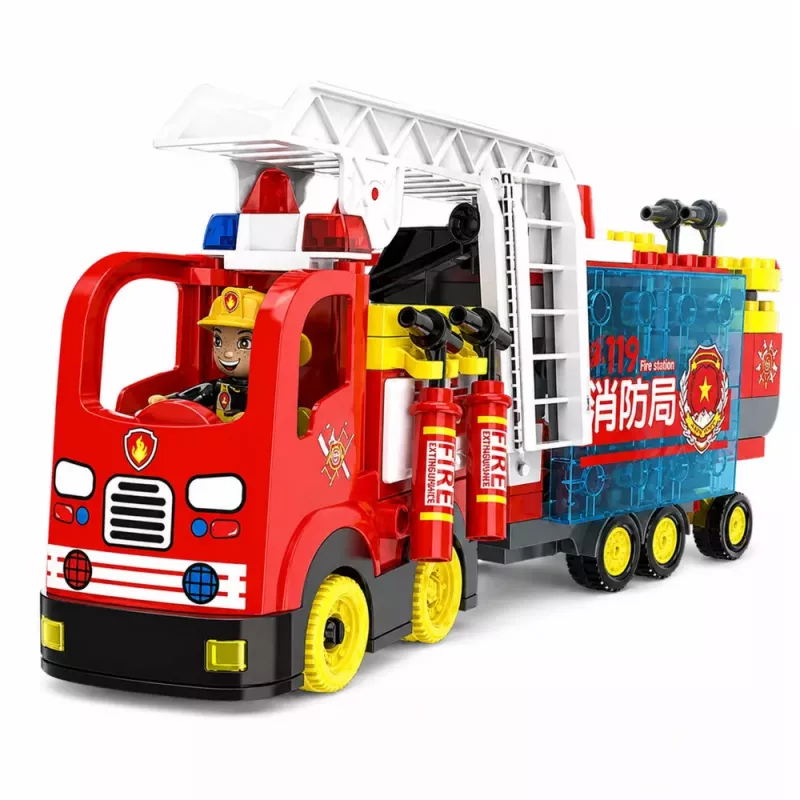LEAN TOYS Camión de bomberos plegable set de bloques de construcción con figuras de bombero, luz y sonido, 94 piezas