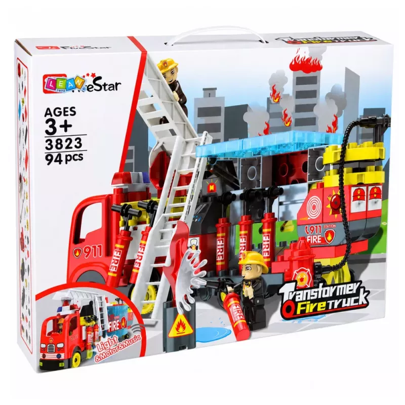 LEAN TOYS Camión de bomberos plegable set de bloques de construcción con figuras de bombero, luz y sonido, 94 piezas