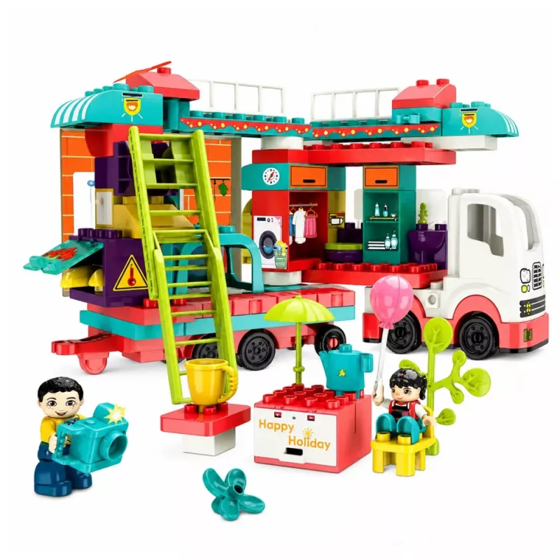 LEAN TOYS Caravana plegable bloques de construcción figuras luces sonidos 98 piezas