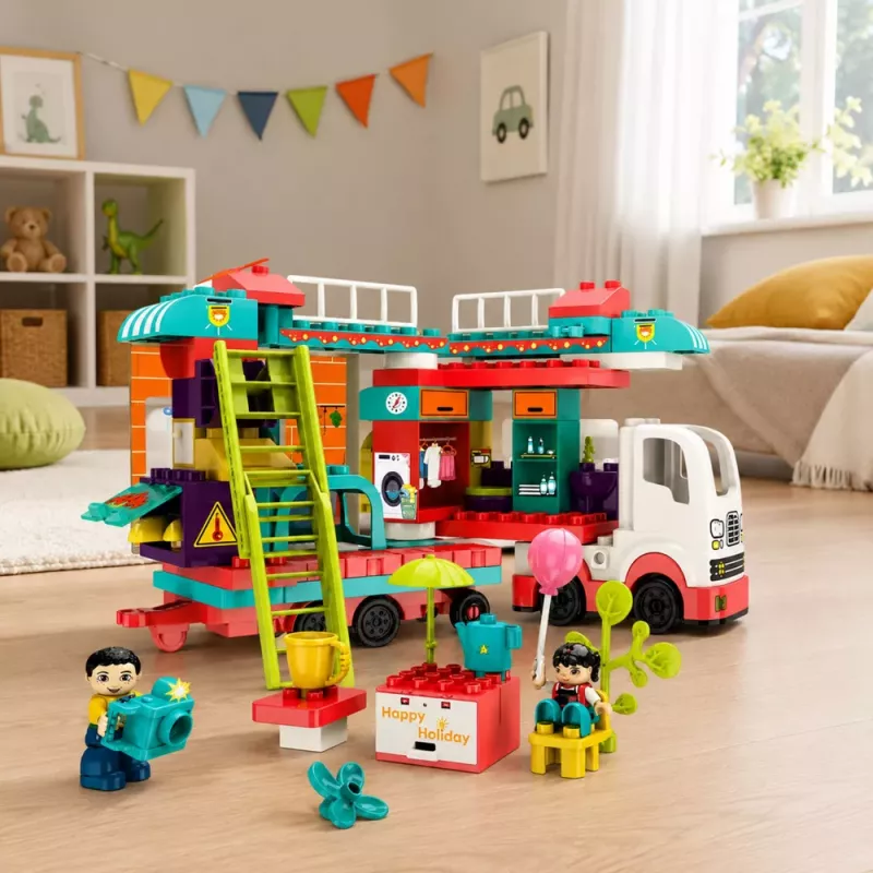 LEAN TOYS Caravana plegable bloques de construcción figuras luces sonidos 98 piezas