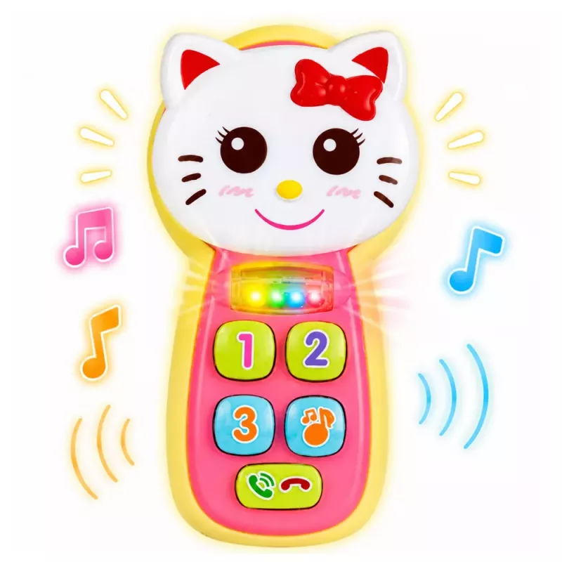 LEAN TOYS Teléfono de bebé interactivo gato espejo sonajero luz y sonido