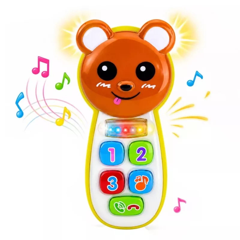 LEAN TOYS Teléfono de bebé interactivo osito con espejo, sonajero, luces y sonidos