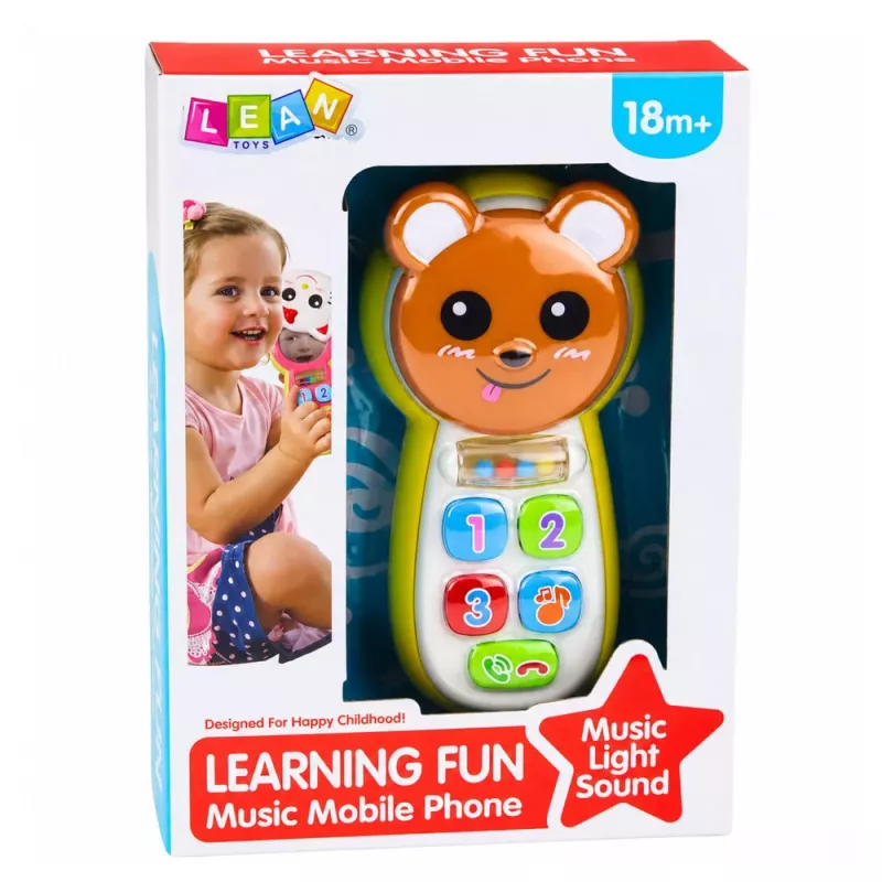 LEAN TOYS Teléfono de bebé interactivo osito con espejo, sonajero, luces y sonidos