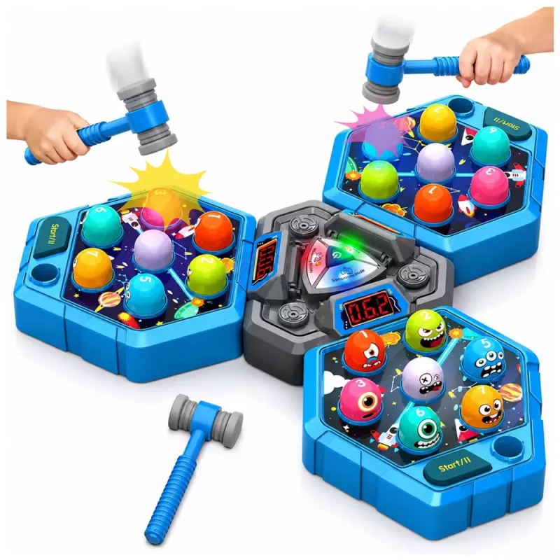 LEAN TOYS Juego arcade Whack-A-Mole criaturas para 3 jugadores, 3 modos, martillos luminosos