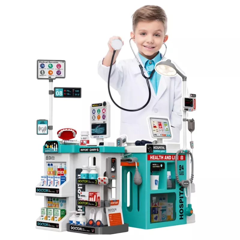 LEAN TOYS Gran set de médico con camilla, luz y sonido, accesorios, 77 piezas