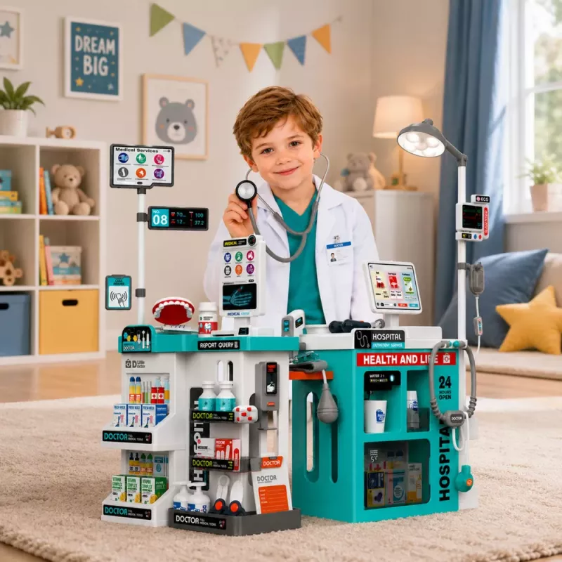 LEAN TOYS Gran set de médico con camilla, luz y sonido, accesorios, 77 piezas