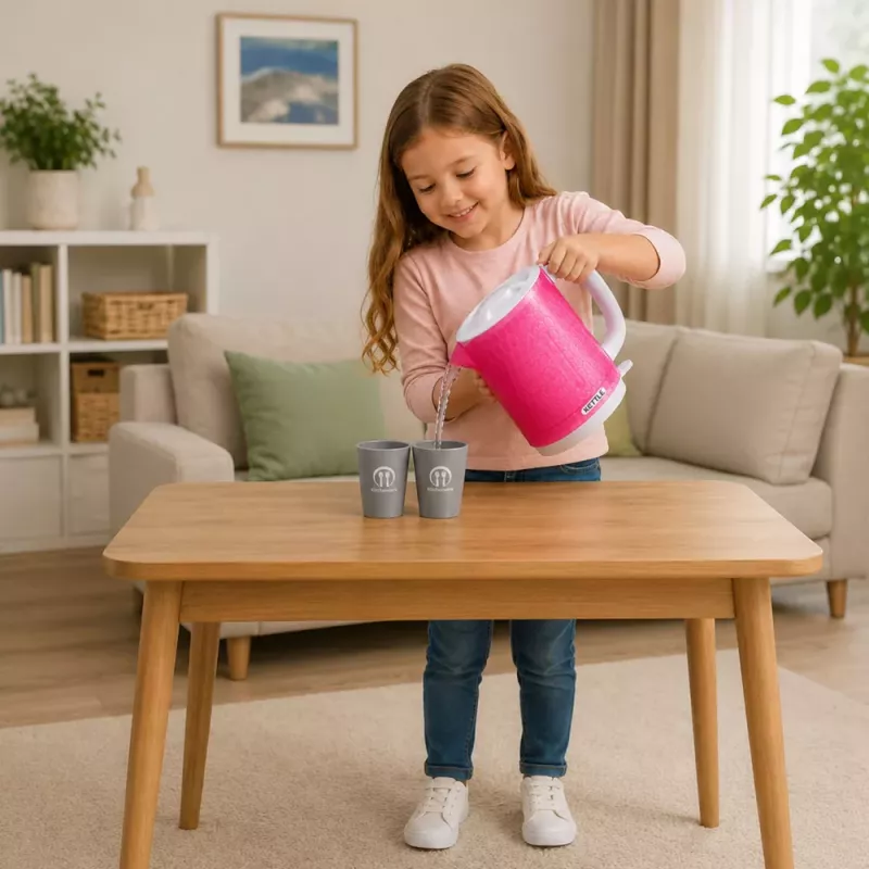LEAN TOYS Hervidor de agua infantil con set de tazas, sonidos de cocina, luces, rosa