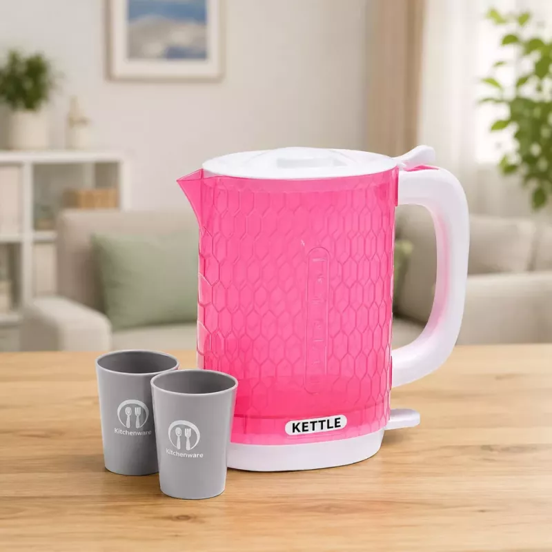 LEAN TOYS Hervidor de agua infantil con set de tazas, sonidos de cocina, luces, rosa