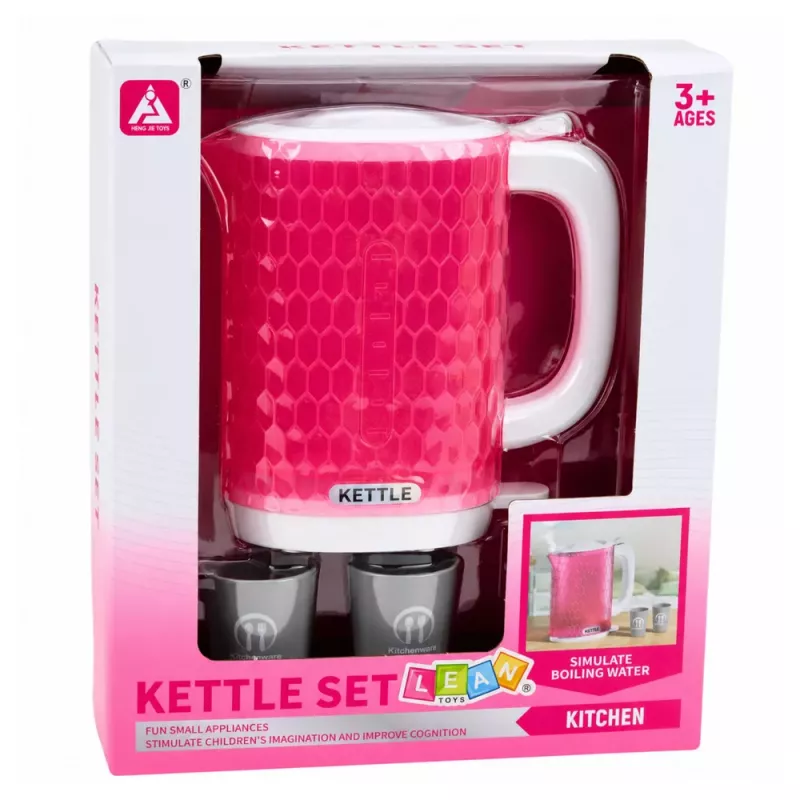 LEAN TOYS Hervidor de agua infantil con set de tazas, sonidos de cocina, luces, rosa