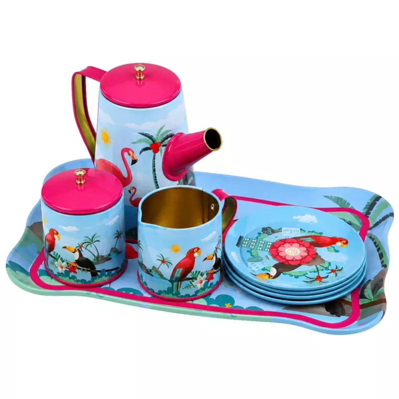 LEAN TOYS Servicio de té con loros, metal, estampado exótico, 12 piezas