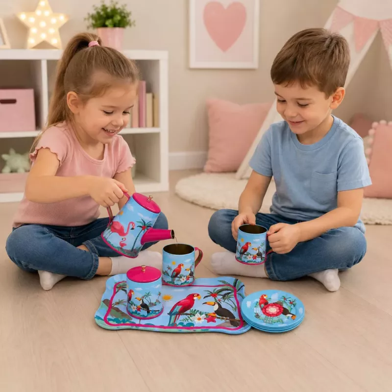 LEAN TOYS Servicio de té con loros, metal, estampado exótico, 12 piezas