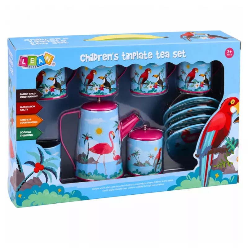 LEAN TOYS Servicio de té con loros, metal, estampado exótico, 12 piezas