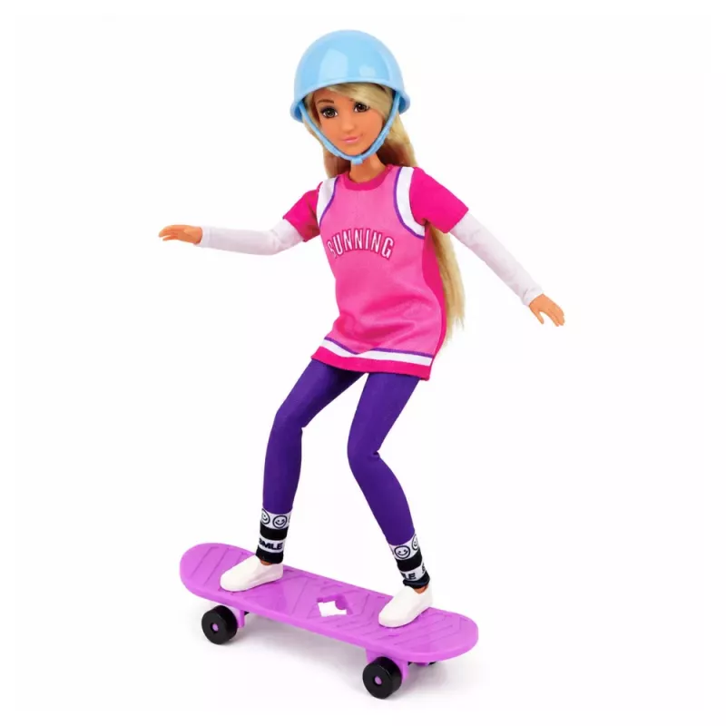 LEAN TOYS Muñeca Anlily con monopatín lila, casco y conjunto de sudadera larga