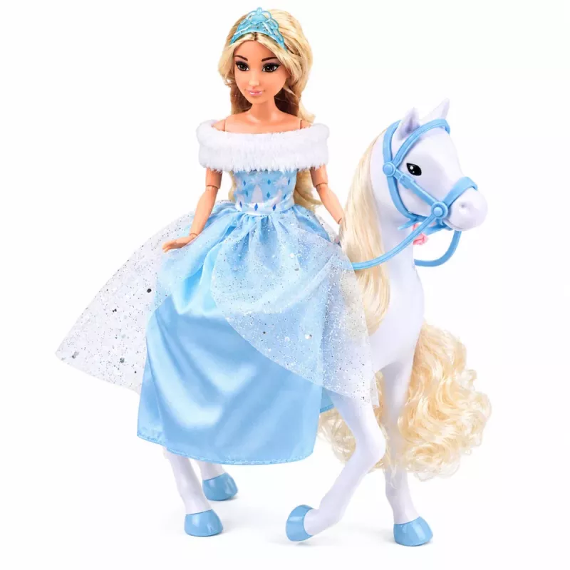 LEAN TOYS Muñeca Anlily sobre un caballo blanco princesa con vestido azul accesorios