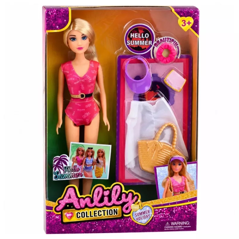 LEAN TOYS Muñeca Anlily en bañador con bolsa de playa y set de accesorios