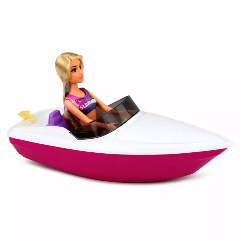 LEAN TOYS Muñeca Anlily en lancha motora con perro, chaleco salvavidas, tabla de surf y set de accesorios