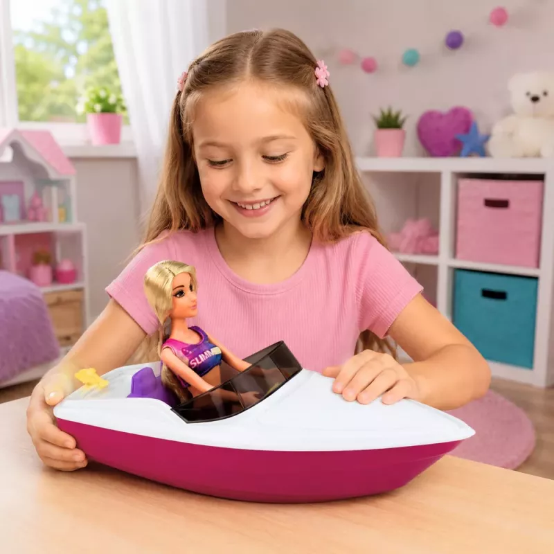 LEAN TOYS Muñeca Anlily en lancha motora con perro, chaleco salvavidas, tabla de surf y set de accesorios