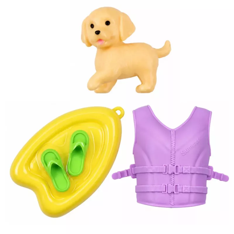 LEAN TOYS Muñeca Anlily en lancha motora con perro, chaleco salvavidas, tabla de surf y set de accesorios