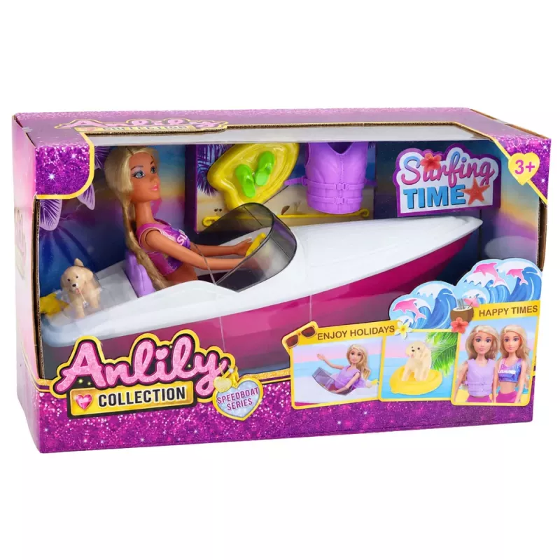 LEAN TOYS Muñeca Anlily en lancha motora con perro, chaleco salvavidas, tabla de surf y set de accesorios