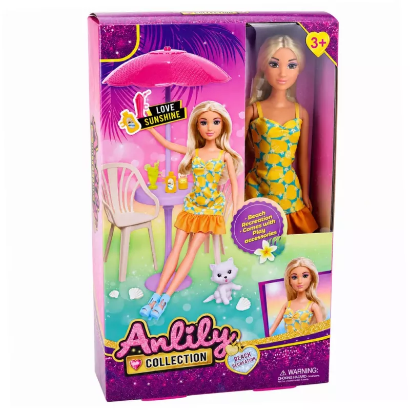 LEAN TOYS Muñeca Anlily con vestido amarillo con gatito, muebles de jardín, sombrilla accesorios