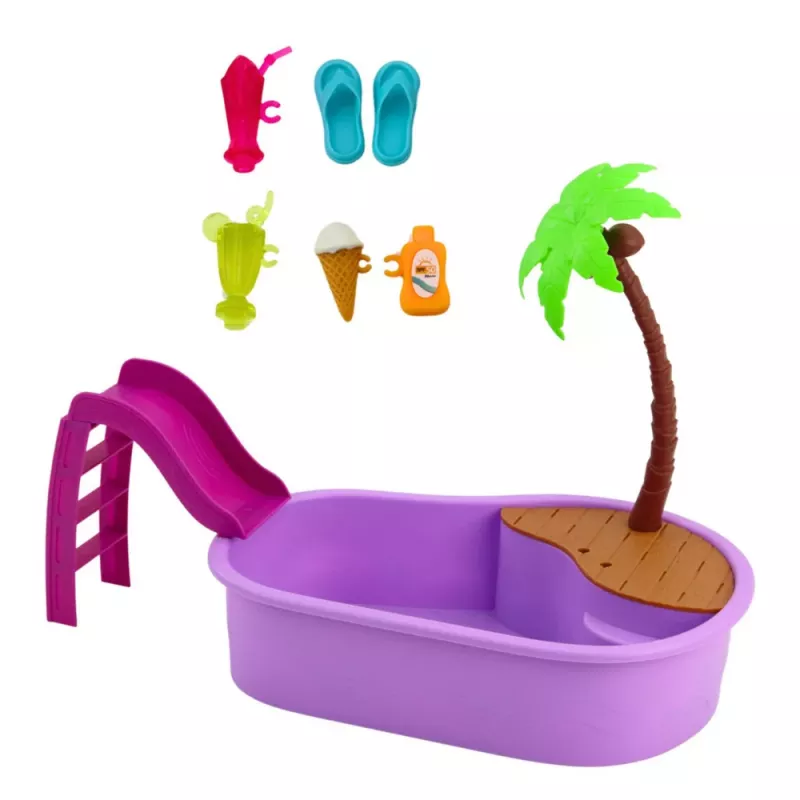 LEAN TOYS Muñeca Anlily en la piscina con tobogán palmera accesorios de playa set