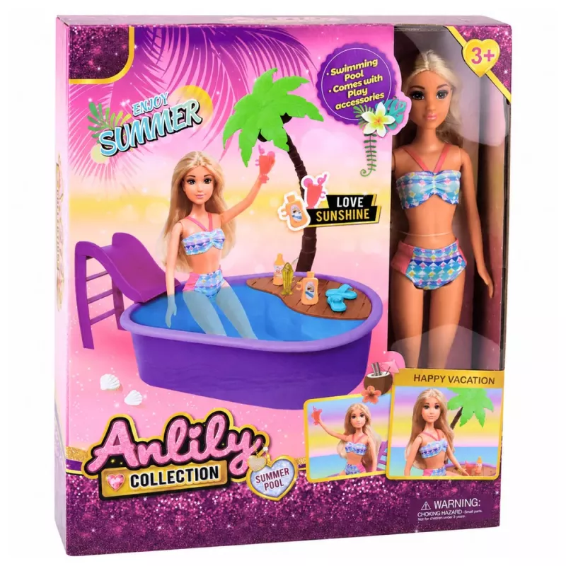 LEAN TOYS Muñeca Anlily en la piscina con tobogán palmera accesorios de playa set